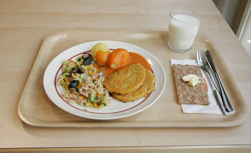 En bricka där det står en tallrik med mat, ett glas mjölk och en knäckebrödsmacka.