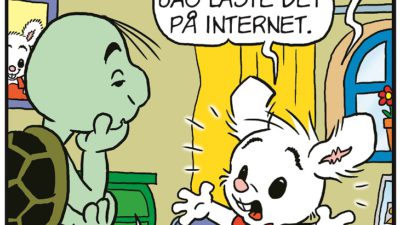 En serieruta där Lille Skutt är upprörd och säger "Bamse blir inte stark av dunderhonung längre. Jag läste det på internet.". Då svarar Skalman "Har du kontrollerat källan?".