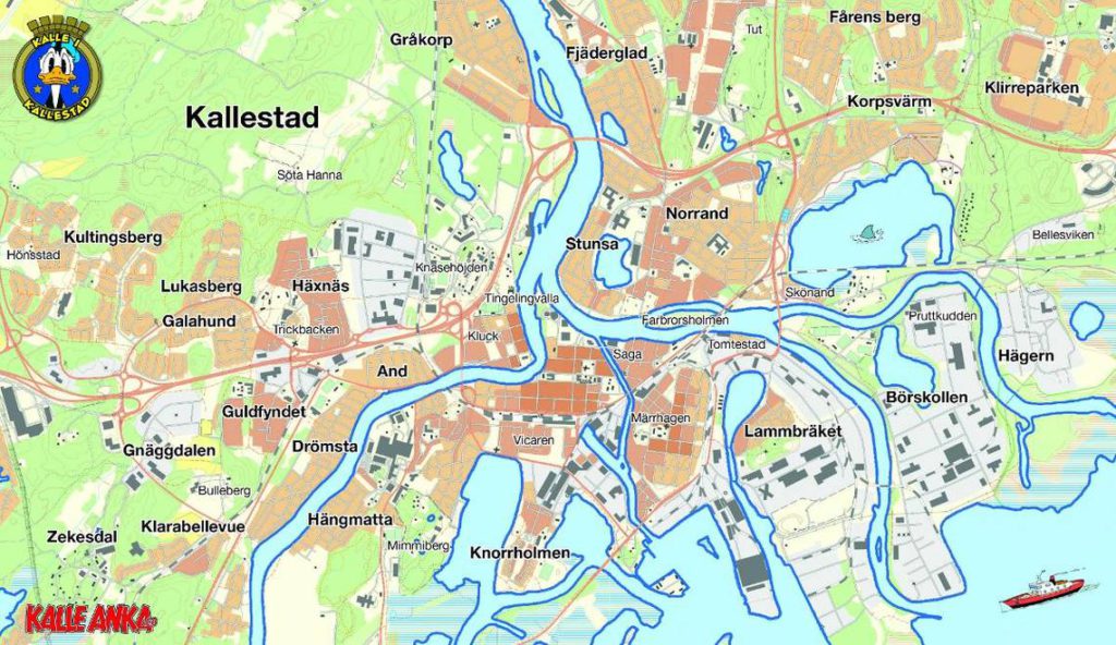 Karta över Karlstad där många av stadsdelarna har bytt namn. I det övre vänstra hörnet finns en bild på Kalle Anka. Runt bilden står det "Kalle i Kallestad".