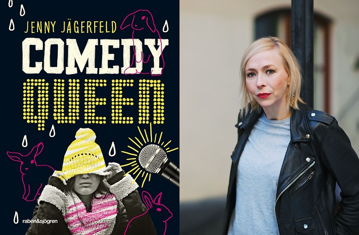 Till vänster är en bild på bokens omslag. Titeln står i stora bokstäver och under sitter en person och drar ner en mössa över ögonen. Det är också flera rosa ritade kaniner på omslaget. Till höger är det en bild på författaren. Hon står framför en lyktstolpe. Hon har en skinnjacka, rött läppstift och halvlångt hår.