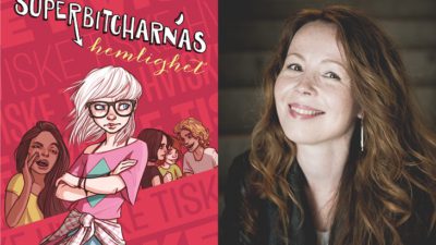 Två bilder. Den vänstra är bokens omslag, som är rött med text skrivet på olika håll. I mitten står en person med långt vitt hår, stora glasögon, korta jeansshorts och en skjorta knuten runt höfterna. Bilden till höger föreställer författaren. Hon har långt lockigt hår, fräknar och ler stort mot kameran.