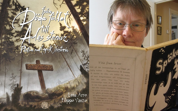 En bild på bokens omslag och en på författaren. Bokomslaget har en ritad bild av en skog med många långa och mörka träd. Skogen är fylld av dimma och ser mystisk ut. Mitt i skogen står ett stort träkors där det står "Falk 1855". Bilden på författaren föreställer Lena som sitter och läser en bok om spöken. Hon har kort hår och glasögon.