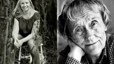 En bild på Lisa och en på Astrid. Lisa sitter på en pall i skogen. Hon har långt hår och ler mot kameran. Astrid lutar huvudet mot handen och ler lite. Hon har lagt huvudet i handen.