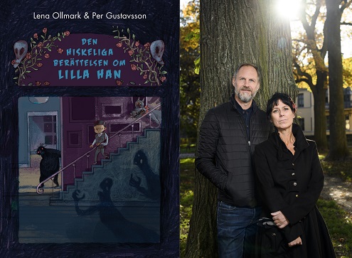 En bild på boken och en på författarna. Boken framsida föreställer Han som smyger sig ner för en trappa. Runt trappan kryper det skuggor på väggarna. Författarna står lutade mot ett träd i motljus. Per har skägg och står med händerna i fickorna. Lena har skjorta och ser allvarlig ut.