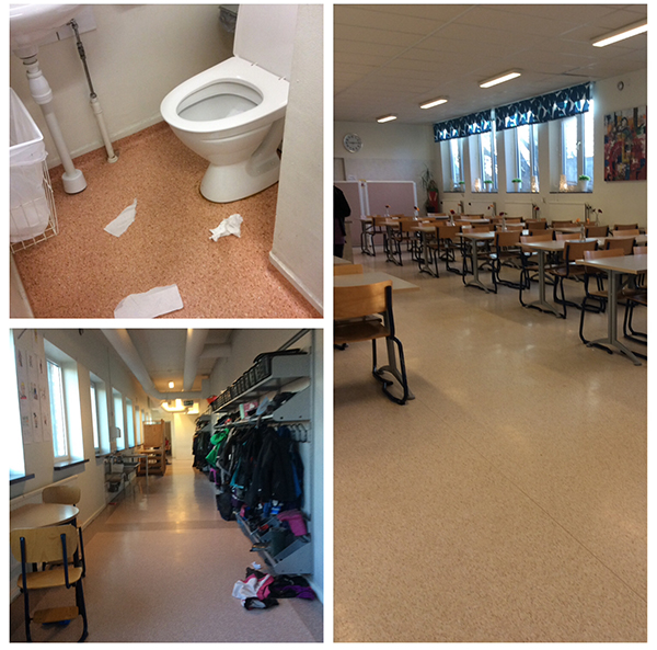 Fotokollage över Saltöskolans toalett, matsal och korridor.