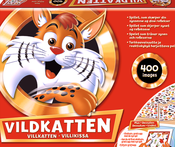 Närbild på spelet Vildkatten med en illustrerad vildkatt på locket.