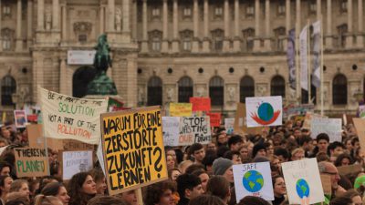 En stor folkmassa har tagit plats på ett torg i Wien. Flera plakat med bilder på jordklotet hålls upp.