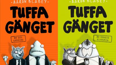 Framsidan på första och andra boken i serien om Tuffa gänget. På båda är det en tecknad haj och varg med kostym, en arg piraya som tittar fram bakom de andra och en orm med slips.