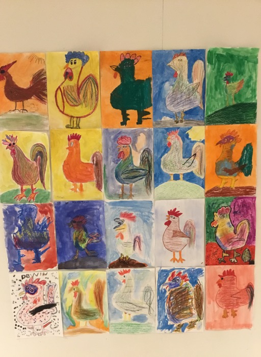 Målade tuppar med Picasso-ögon