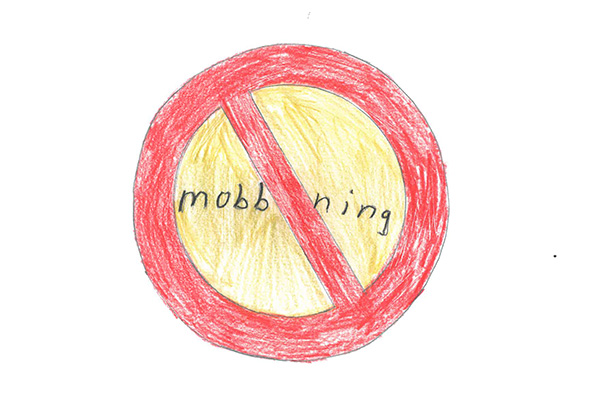 Teckning föreställande en skylt mot mobbning