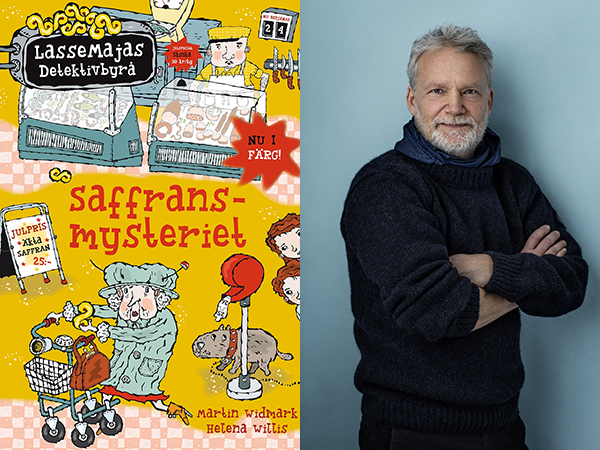 Foto på bokens omslag samt ett porträtt av författaren Martin Widmark