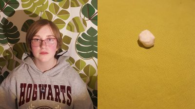 Ines Roos Bengtsson och en 3D-kopia av tanden