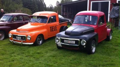 Gamla A-traktorer i olika färger på rad i gräset.